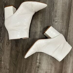 White Croc-Embossed Pointed Toe Block Heel Ankle Boots